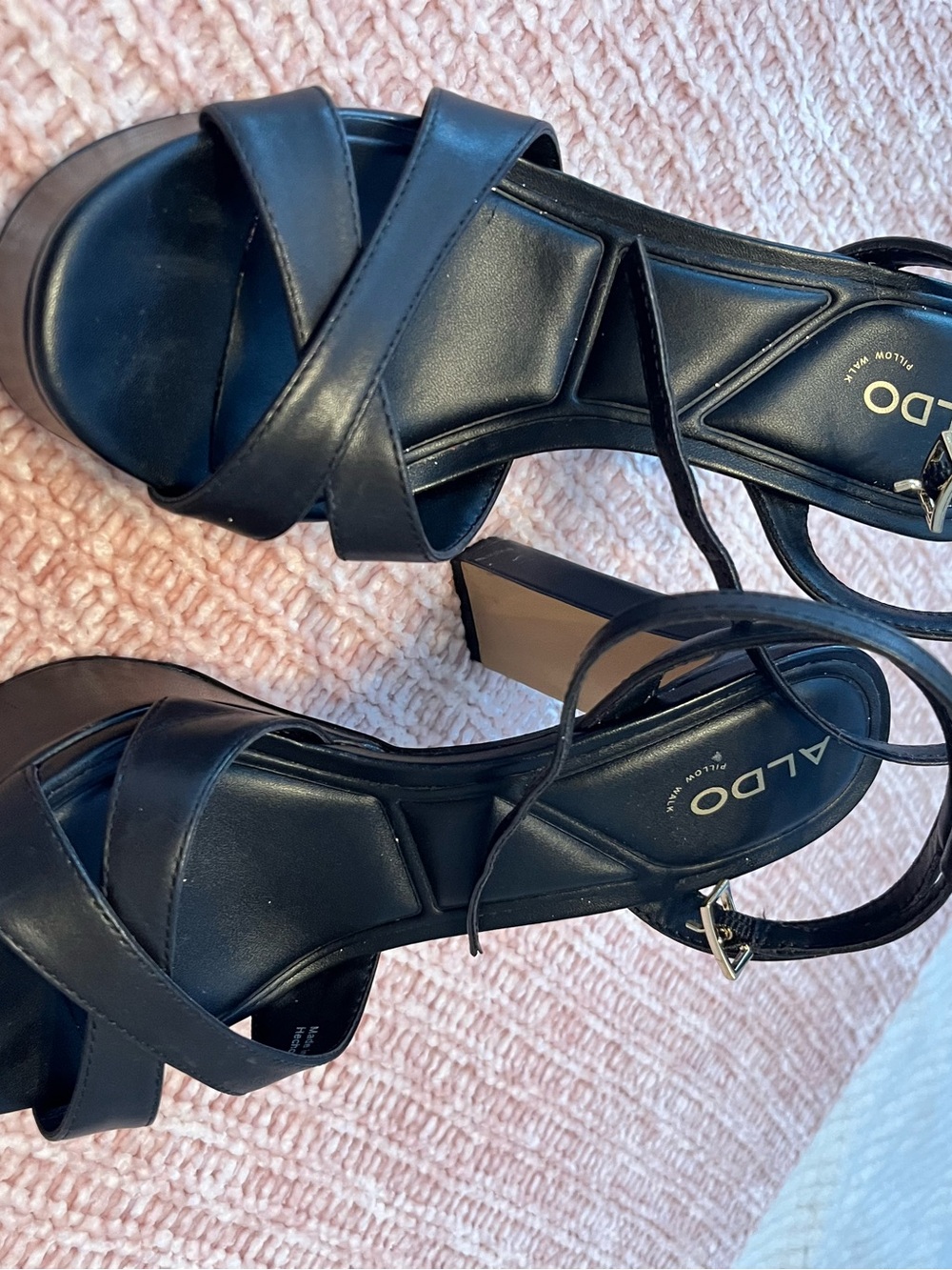 Aldo Black Leather Strappy Block Heel Sandals